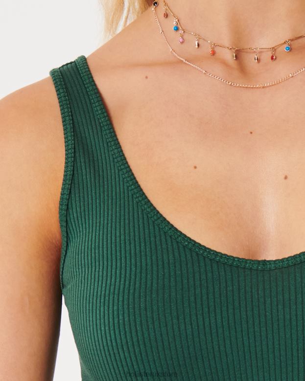 Tops Hollister Women Seamless Fabric Ribbed Crop V-Neck Tank 4882042 Dark Green