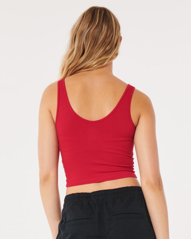 Tops Hollister Women Seamless Fabric Ribbed Crop V-Neck Tank 4882094 Red