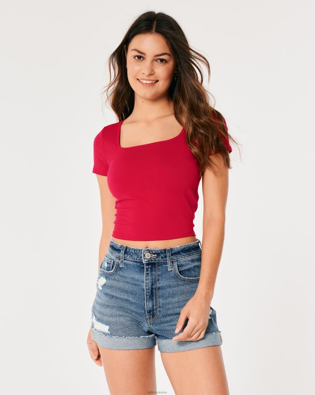Tops Hollister Women Seamless Fabric Square-Neck Baby Tee 48820164 Red