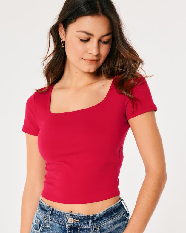 Tops Hollister Women Seamless Fabric Square-Neck Baby Tee 48820164 Red