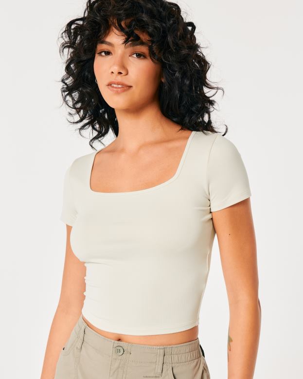 Tops Hollister Women Seamless Fabric Square-Neck Baby Tee 48820197 Cream