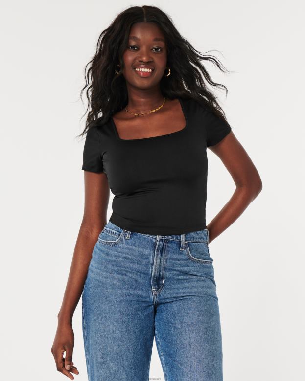 Tops Hollister Women Seamless Fabric Square-Neck Baby Tee 4882067 Black