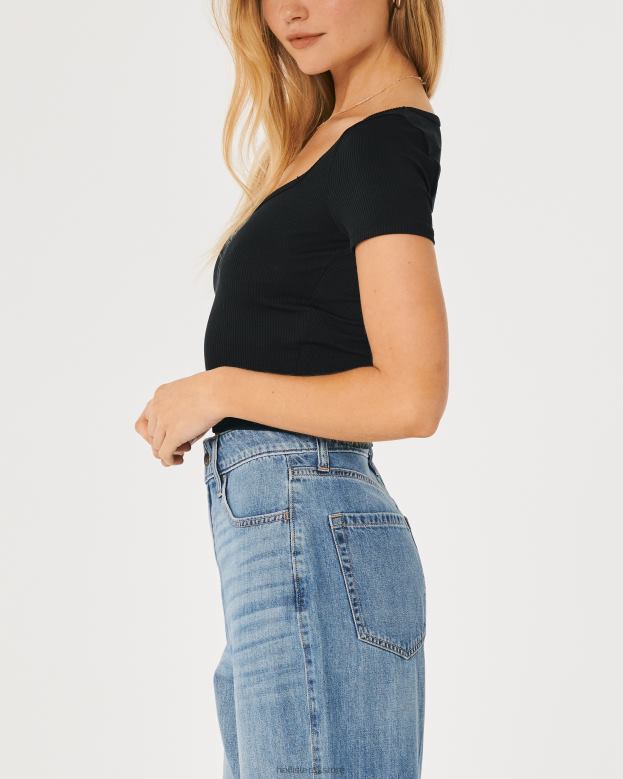 Tops Hollister Women Seamless Ribbed Fabric Sweetheart Baby Tee 48820224 Black