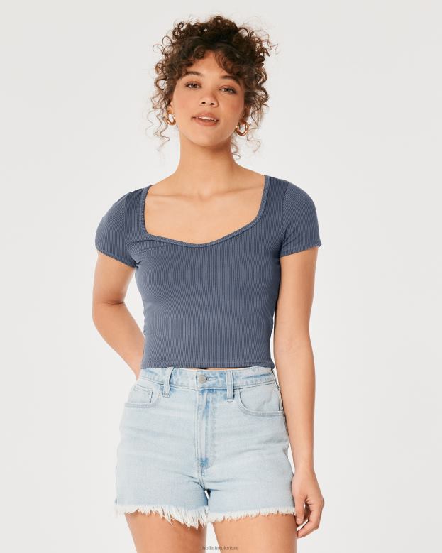 Tops Hollister Women Seamless Ribbed Fabric Sweetheart Baby Tee 48820280 Blue
