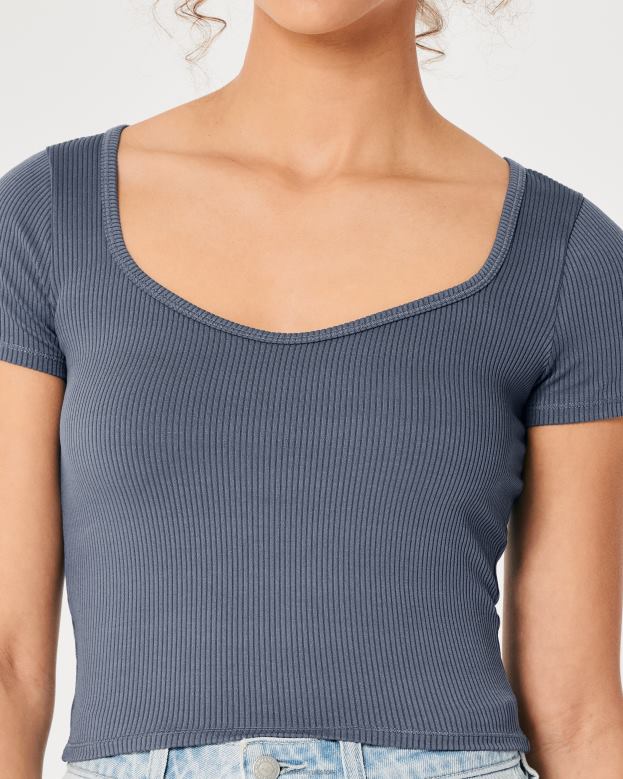 Tops Hollister Women Seamless Ribbed Fabric Sweetheart Baby Tee 48820280 Blue