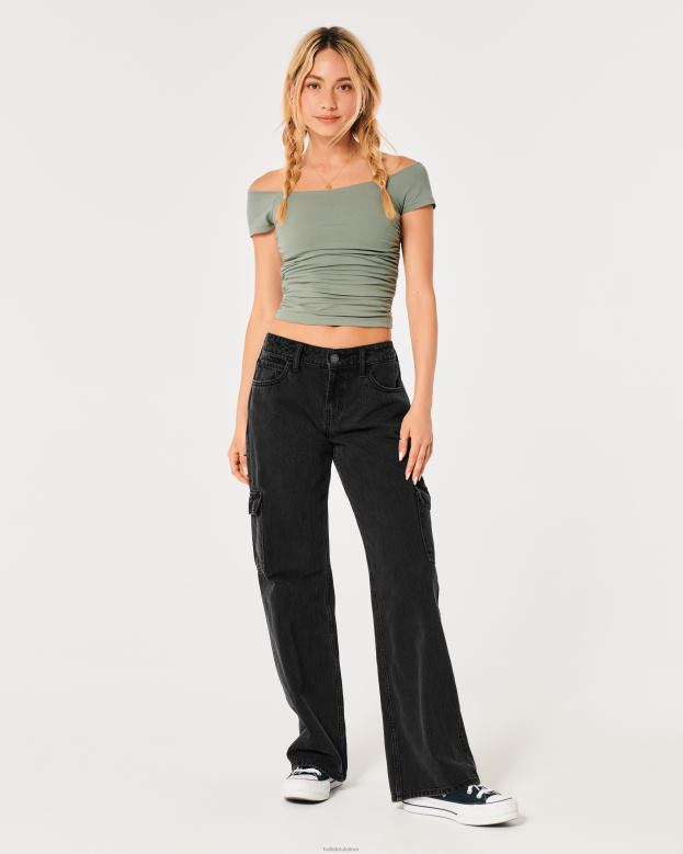 Tops Hollister Women Shirred Off-the-Shoulder Top 48820103 Olive Green
