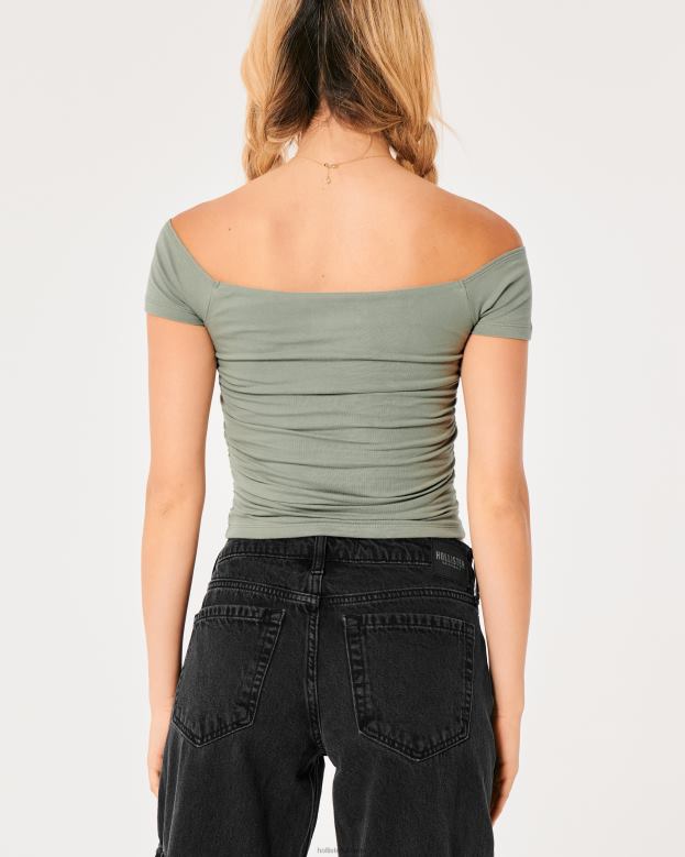 Tops Hollister Women Shirred Off-the-Shoulder Top 48820103 Olive Green