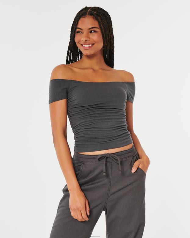 Tops Hollister Women Shirred Off-the-Shoulder Top 48820141 Dark Grey