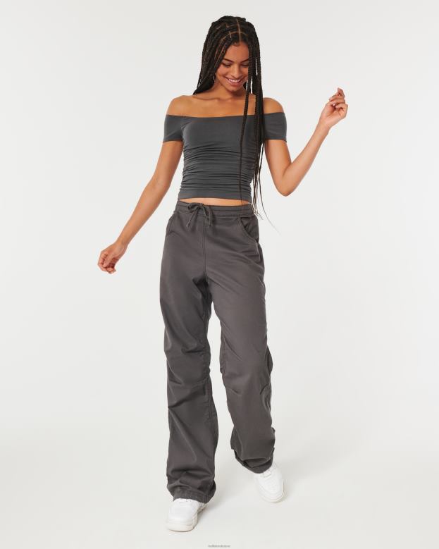 Tops Hollister Women Shirred Off-the-Shoulder Top 48820141 Dark Grey