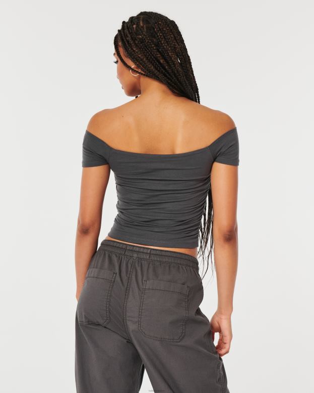 Tops Hollister Women Shirred Off-the-Shoulder Top 48820141 Dark Grey