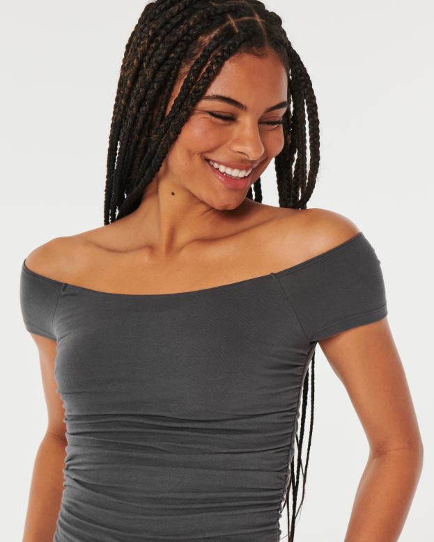 Tops Hollister Women Shirred Off-the-Shoulder Top 48820141 Dark Grey