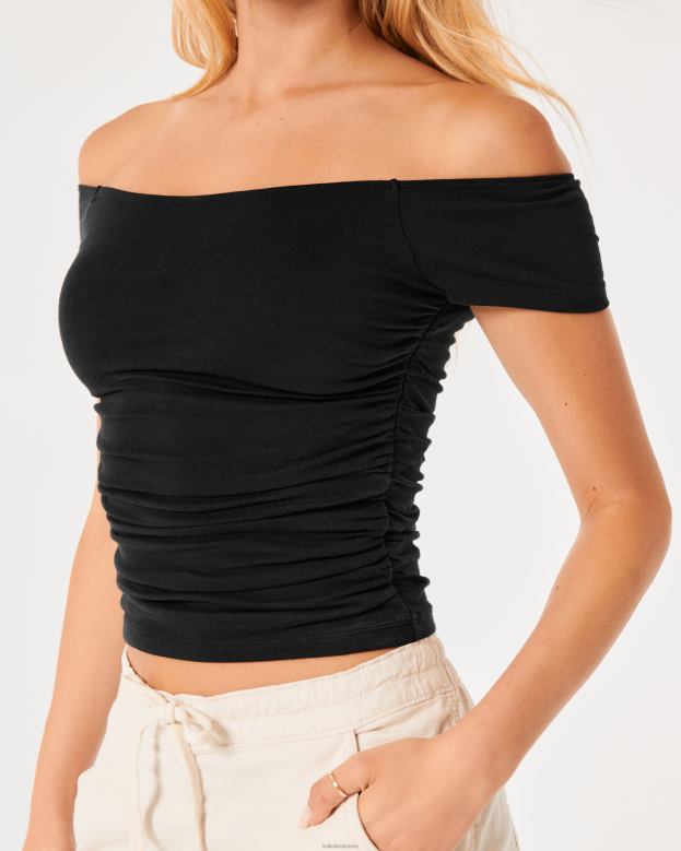 Tops Hollister Women Shirred Off-the-Shoulder Top 4882038 Black
