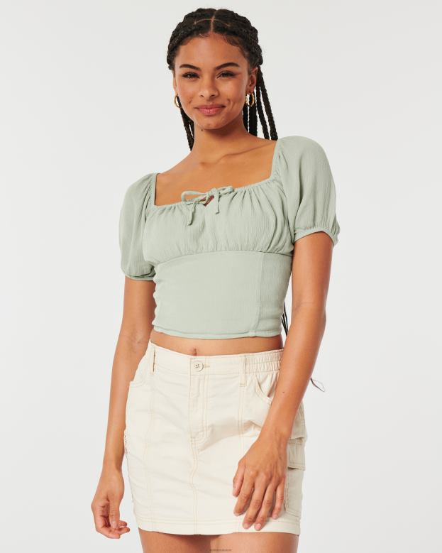 Tops Hollister Women Short-Sleeve Tie Bust Top 48820172 Sage Green