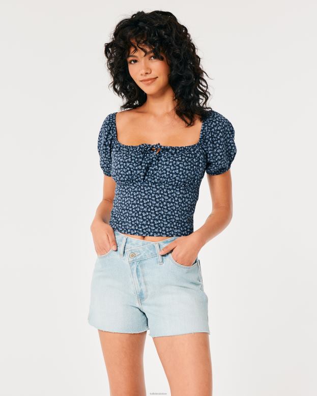 Tops Hollister Women Short-Sleeve Tie Bust Top 4882093 Navy Blue Floral