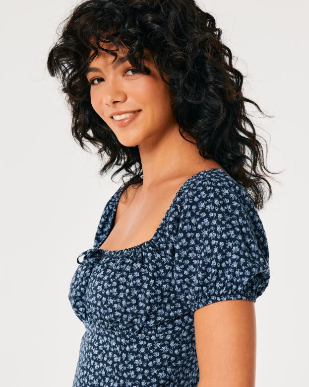 Tops Hollister Women Short-Sleeve Tie Bust Top 4882093 Navy Blue Floral