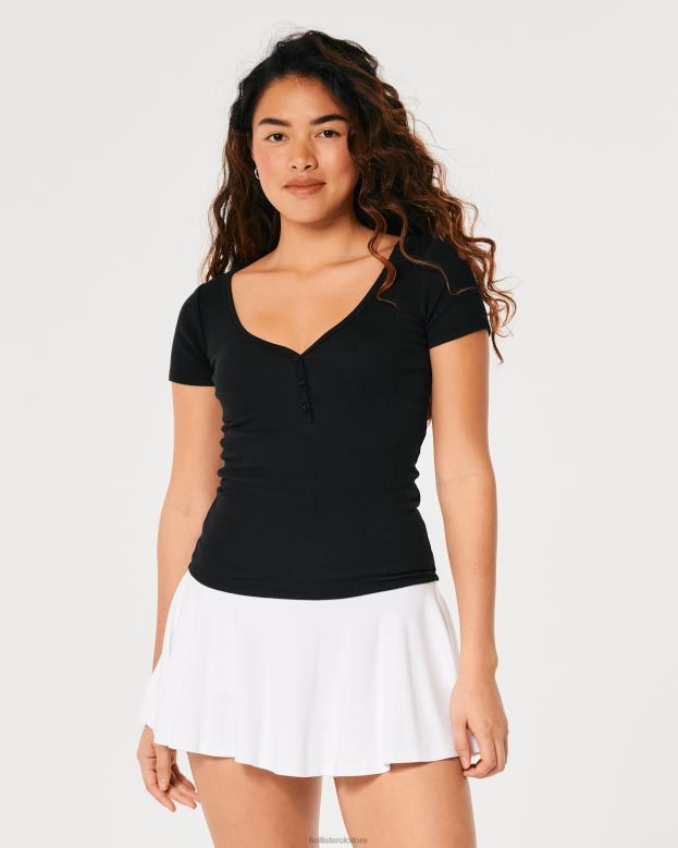 Tops Hollister Women Short-Sleeve V-Neck Henley 48820167 Black