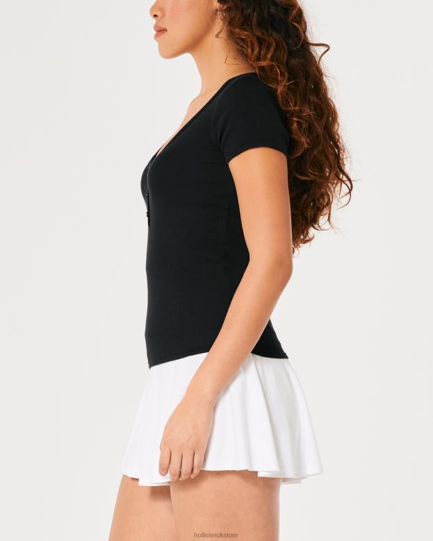 Tops Hollister Women Short-Sleeve V-Neck Henley 48820167 Black