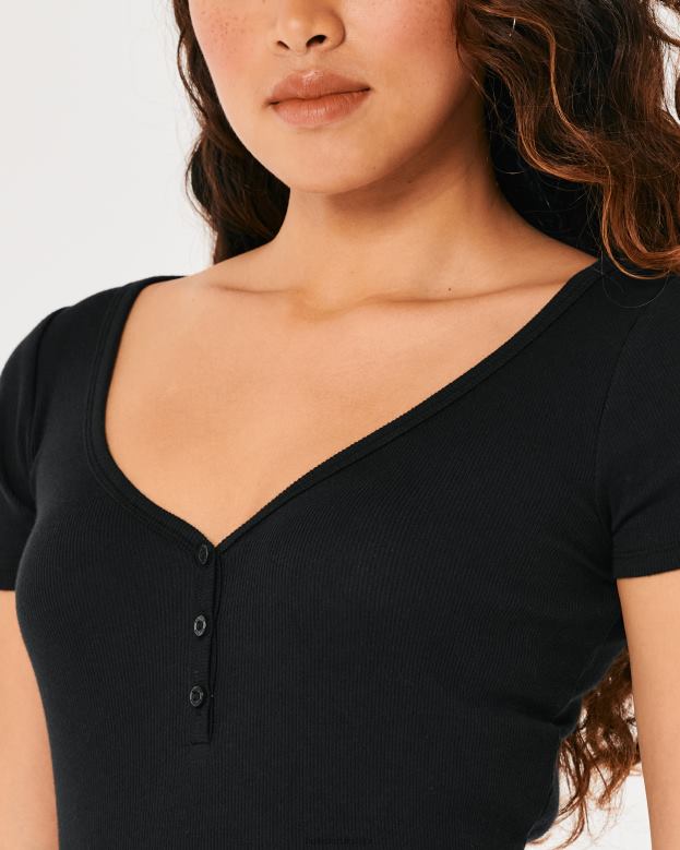 Tops Hollister Women Short-Sleeve V-Neck Henley 48820167 Black