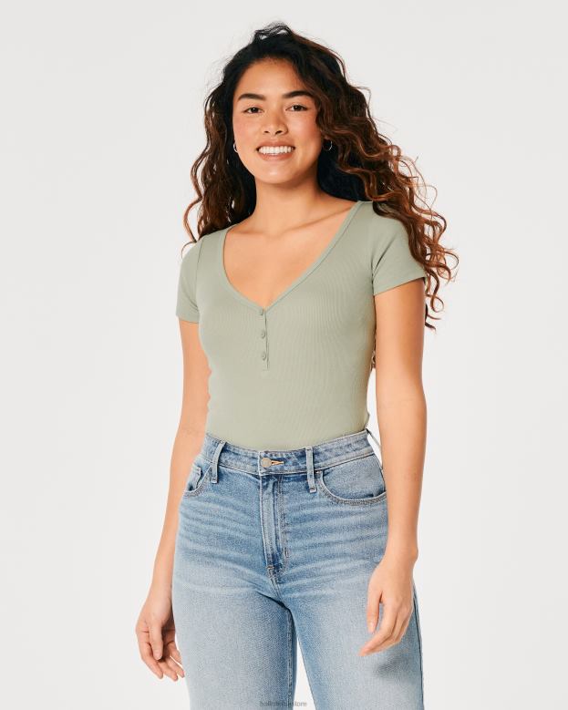 Tops Hollister Women Short-Sleeve V-Neck Henley 48820209 Sage