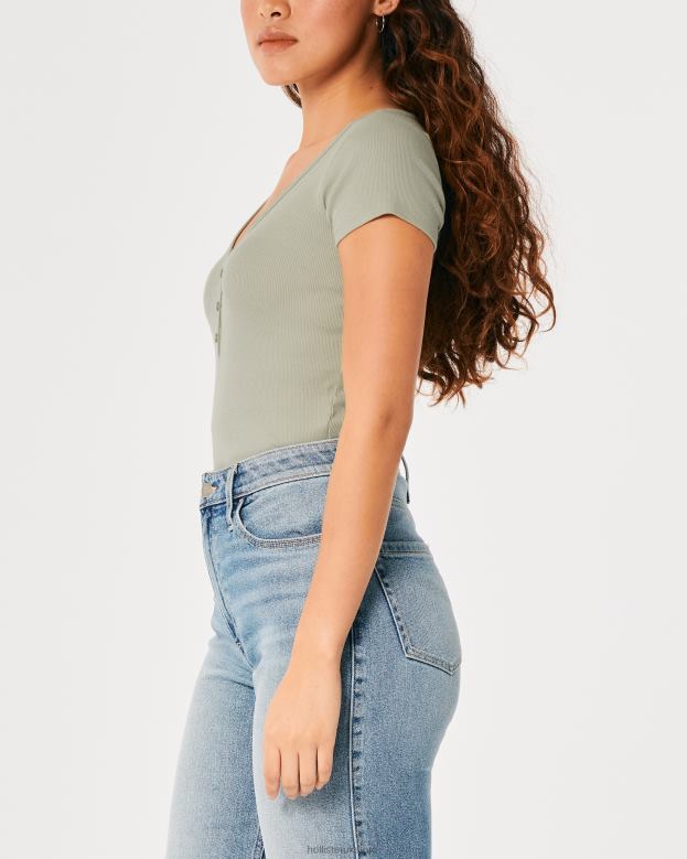 Tops Hollister Women Short-Sleeve V-Neck Henley 48820209 Sage