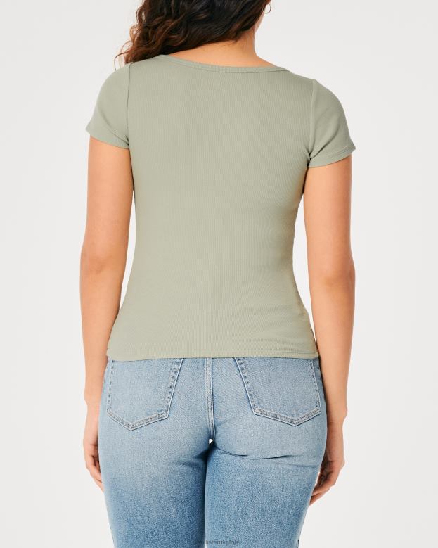 Tops Hollister Women Short-Sleeve V-Neck Henley 48820209 Sage