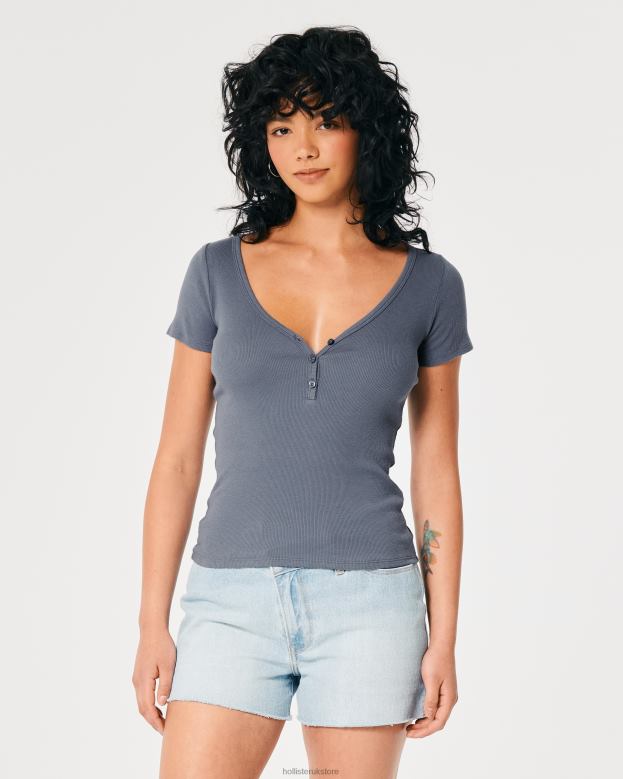 Tops Hollister Women Short-Sleeve V-Neck Henley 48820419 Navy