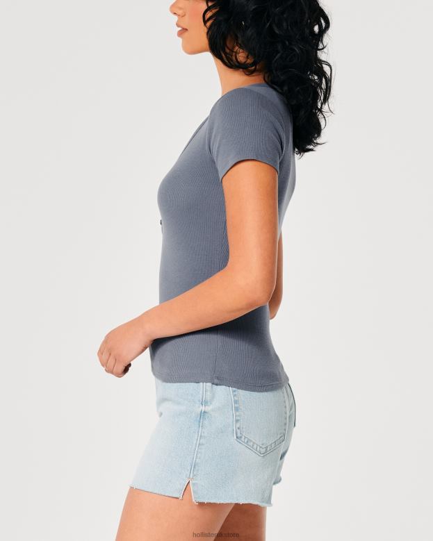 Tops Hollister Women Short-Sleeve V-Neck Henley 48820419 Navy