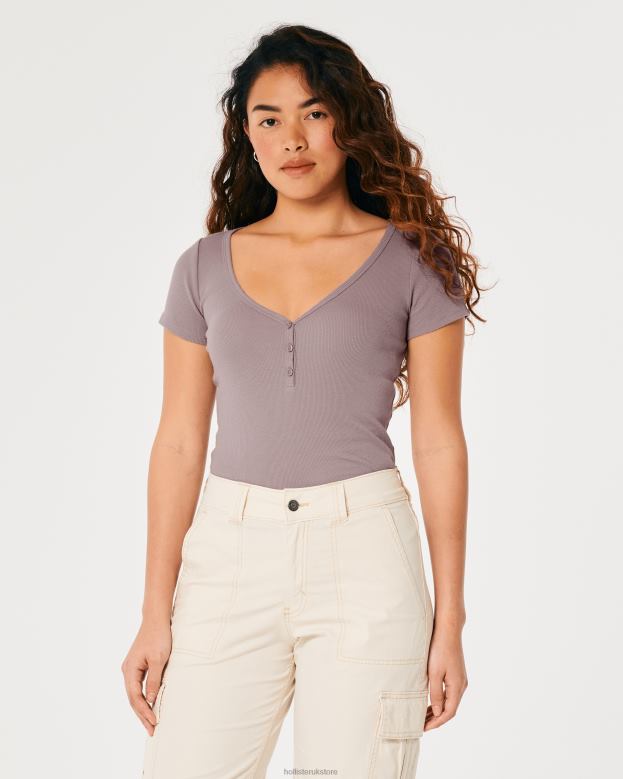 Tops Hollister Women Short-Sleeve V-Neck Henley 4882087 Purple Grey