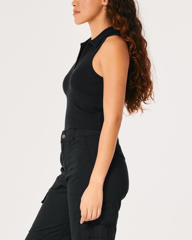 Tops Hollister Women Sleeveless Ribbed Polo 48820422 Black