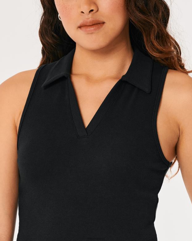 Tops Hollister Women Sleeveless Ribbed Polo 48820422 Black