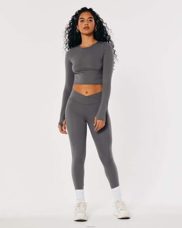 Tops Hollister Women Social Tourist Long-Sleeve Crop Underbust Seam Top 48820399 Grey