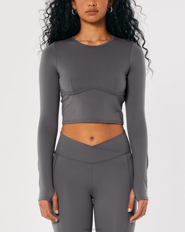 Tops Hollister Women Social Tourist Long-Sleeve Crop Underbust Seam Top 48820399 Grey