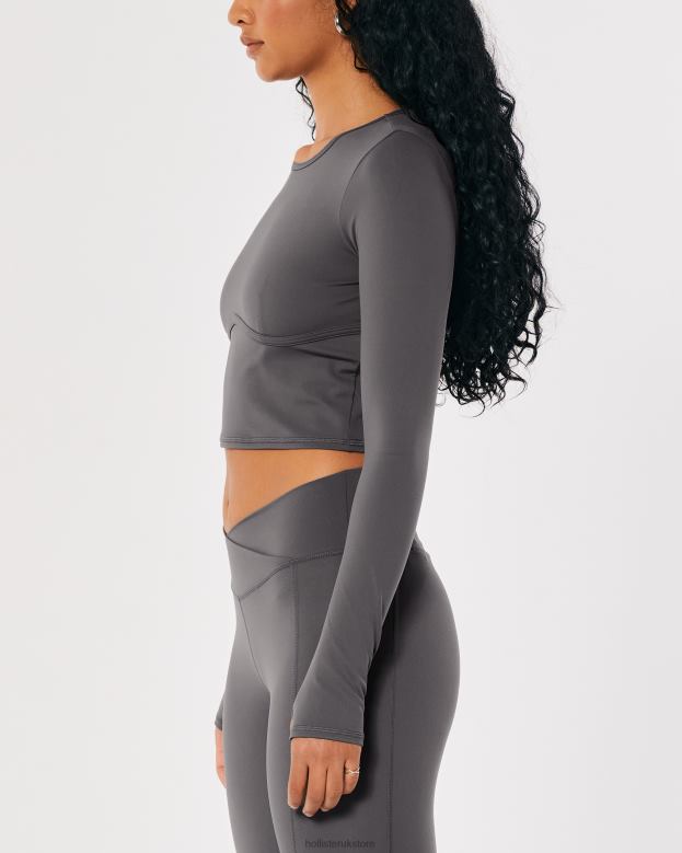 Tops Hollister Women Social Tourist Long-Sleeve Crop Underbust Seam Top 48820399 Grey