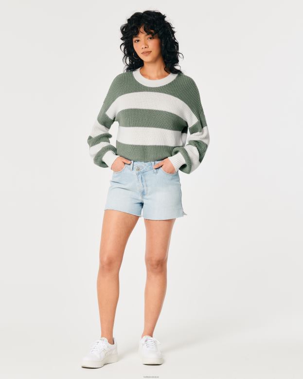 Tops Hollister Women Textured Crop Crew Sweater 48820100 Sage Stripe