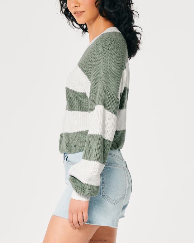 Tops Hollister Women Textured Crop Crew Sweater 48820100 Sage Stripe