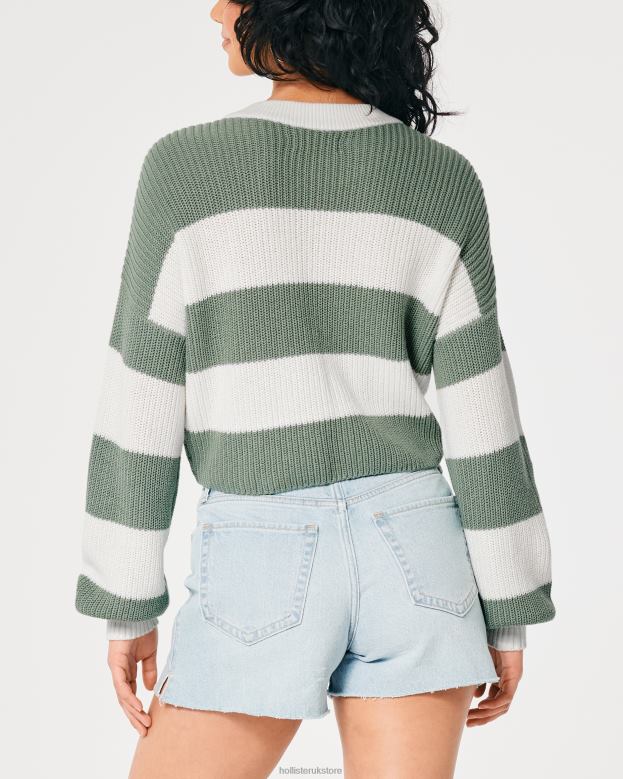 Tops Hollister Women Textured Crop Crew Sweater 48820100 Sage Stripe