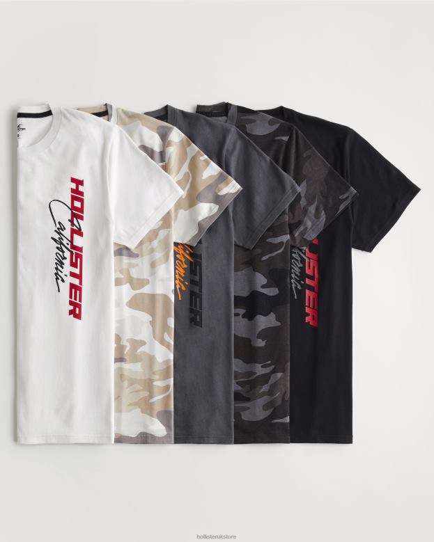 Tops Hollister Men Print Logo Graphic Tee 5-Pack 488201093 White-Beige Camo-Grey-Black