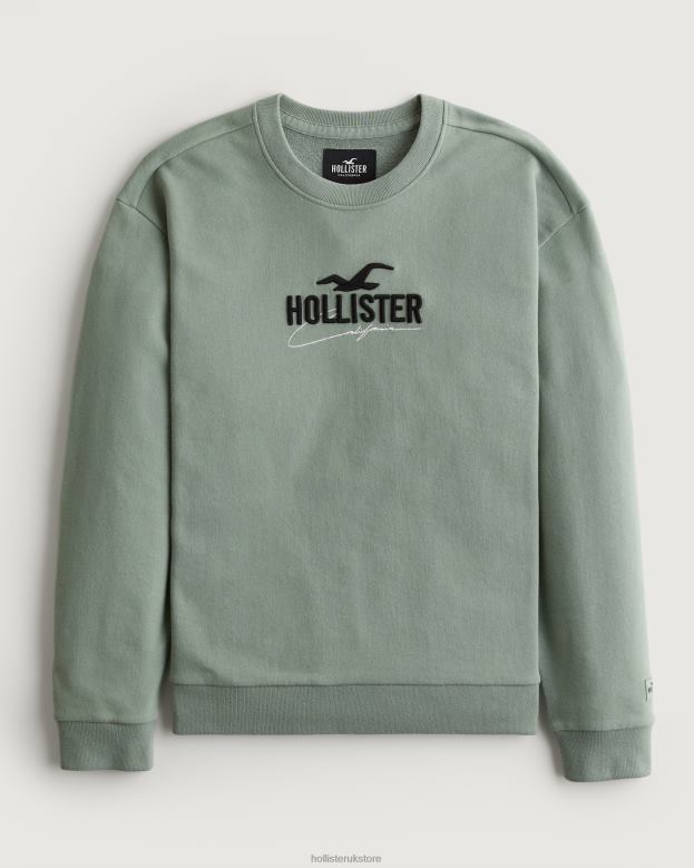 Tops Hollister Men Relaxed Logo Crew Sweatshirt 48820845 Sage