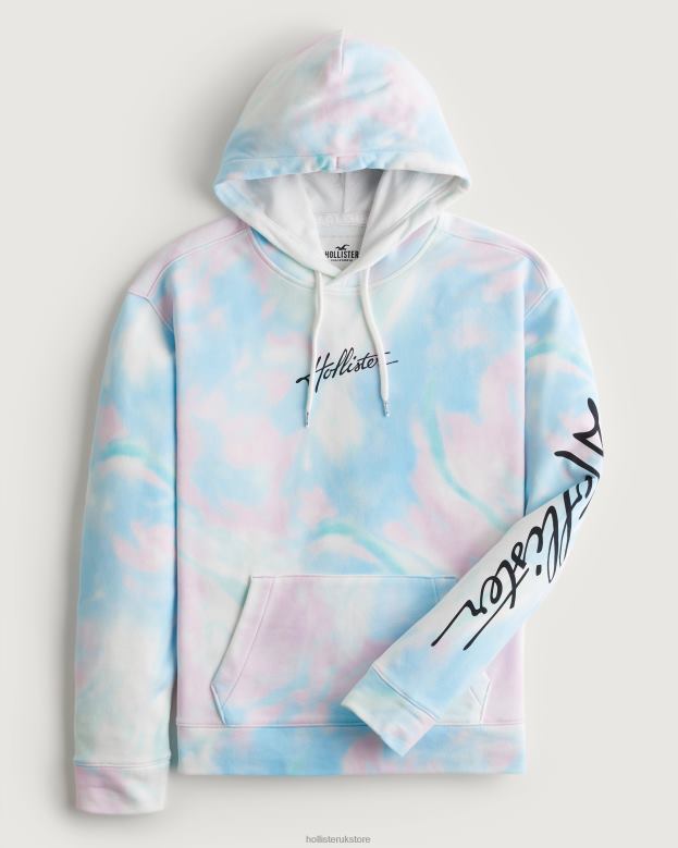 Tops Hollister Men Wash Effect Logo Graphic Hoodie 48820835 Blue Tie-Dye