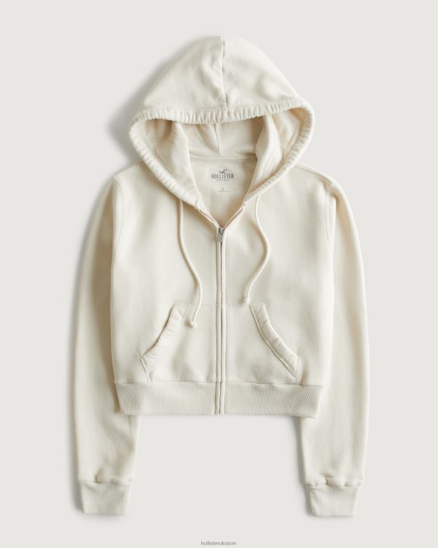 Tops Hollister Women Feel Good Mini Full-Zip Hoodie 48820168 Cream