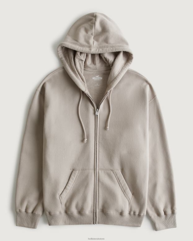 Tops Hollister Women Feel Good Oversized Full-Zip Hoodie 4882044 Taupe