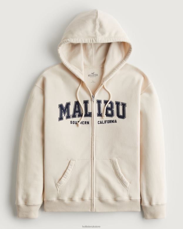 Tops Hollister Women Oversized Malibu California Graphic Full-Zip Hoodie 48820154 Cream