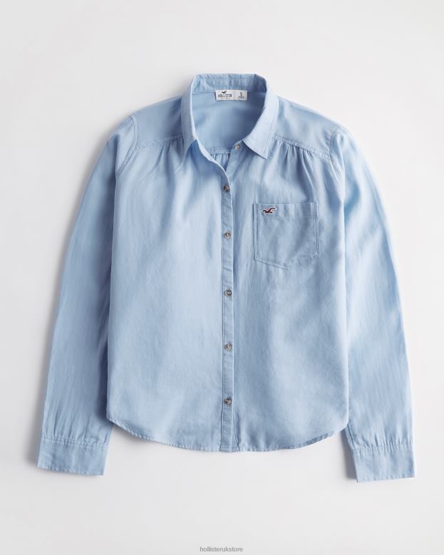 Tops Hollister Women Easy Logo Icon Button-Through Shirt 48820387 Blue