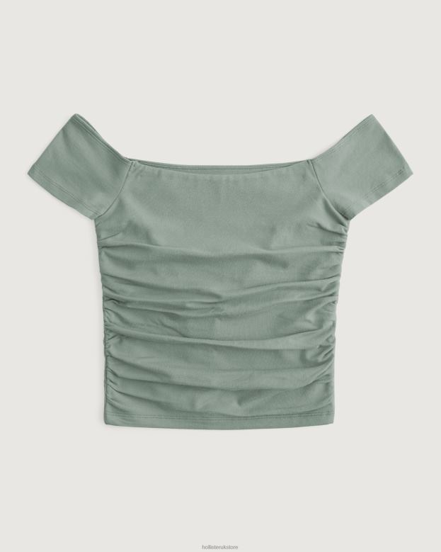 Tops Hollister Women Shirred Off-the-Shoulder Top 48820103 Olive Green