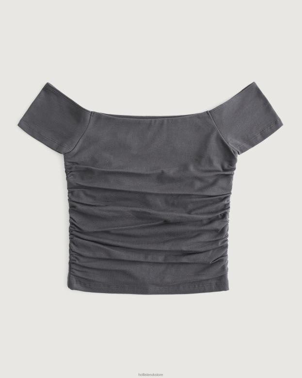 Tops Hollister Women Shirred Off-the-Shoulder Top 48820141 Dark Grey