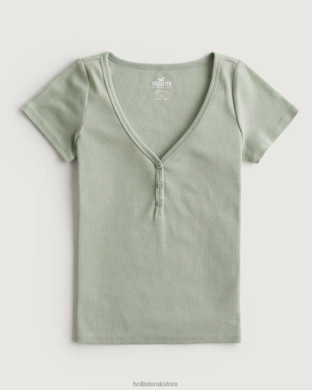 Tops Hollister Women Short-Sleeve V-Neck Henley 48820209 Sage