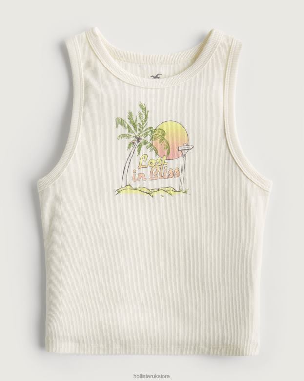 Tops Hollister Women High-Neck Ribbed Beach Graphic Tank 48820308 Cream