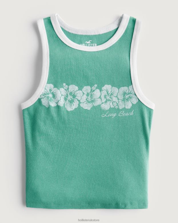Tops Hollister Women High-Neck Ribbed Long Beach Graphic Tank 48820213 Green