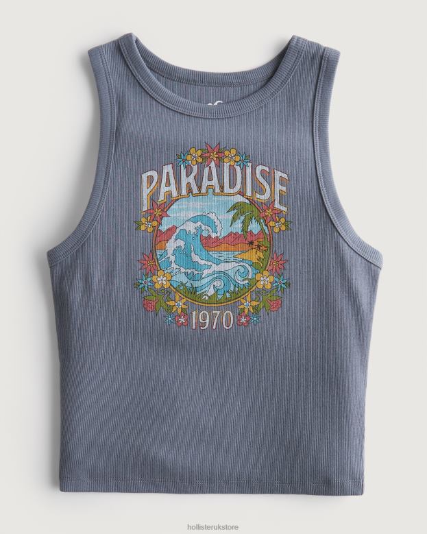 Tops Hollister Women High-Neck Ribbed Paradise Graphic Tank 48820265 Blue