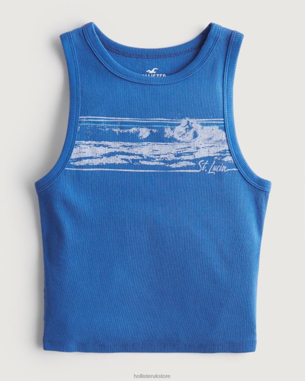 Tops Hollister Women High-Neck Ribbed St. Lucia Graphic Tank 4882051 Blue